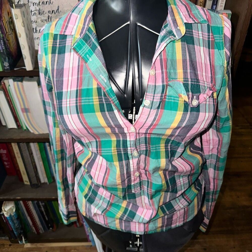 J Crew green & pink plaid preppy split neck Perfect shirt